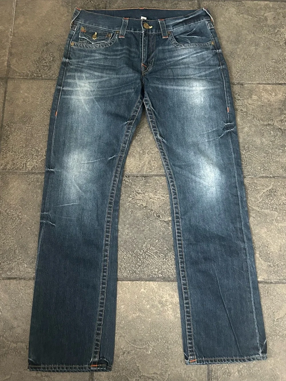True Religion Jeans Adult Size 32 Blue Section Straight World Tour 5 Pocket Mens